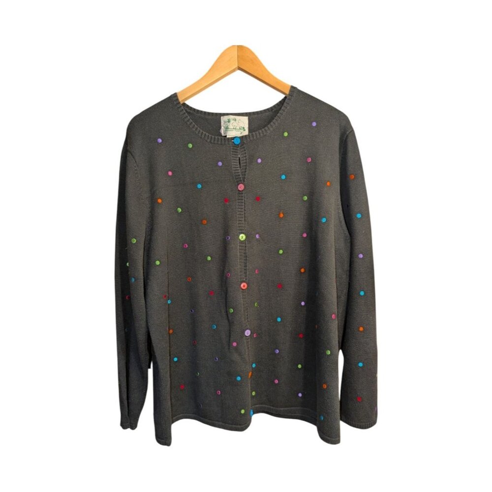 The Quacker Factory Women's Size L Black Shirt Top Colorful Dots Button Up 22x22